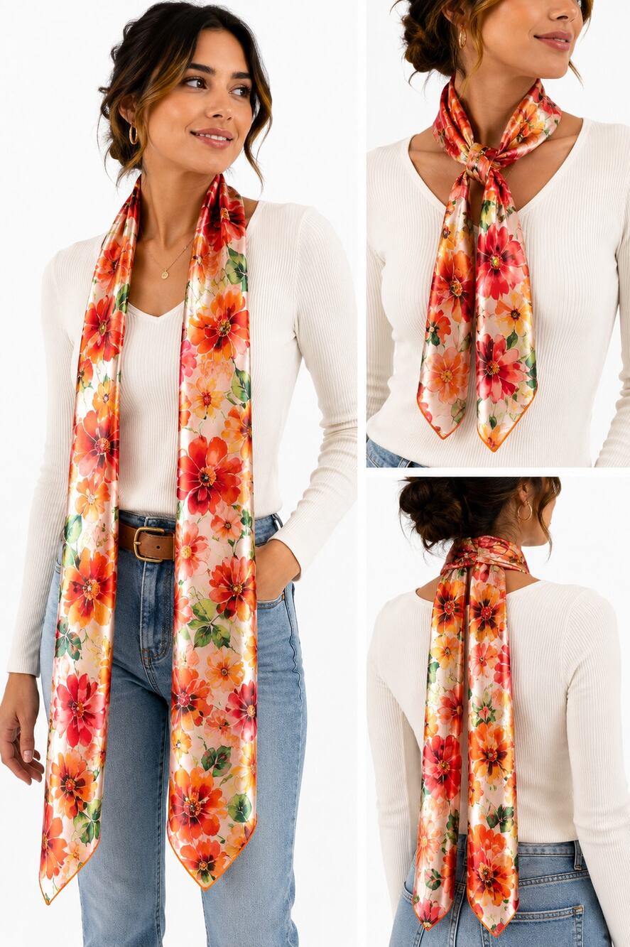 Vintage Floral Silk Feel Scarf 13x58 Made in Korea Orange Red